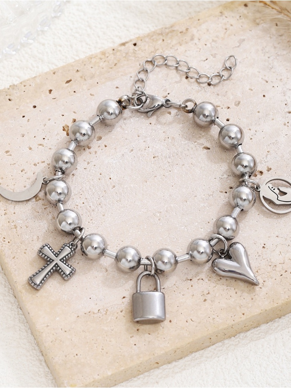 Silver Charm Bead Bracelet with Lock, Heart & Cross